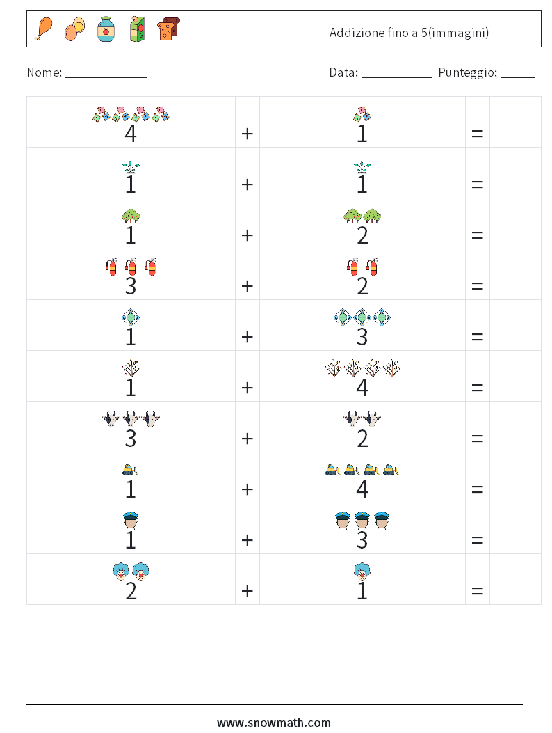 Addizione fino a 5(immagini) Fogli di lavoro di matematica 6