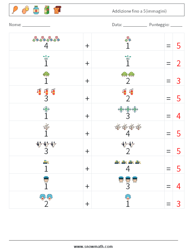 Addizione fino a 5(immagini) Fogli di lavoro di matematica 6 Domanda, Risposta