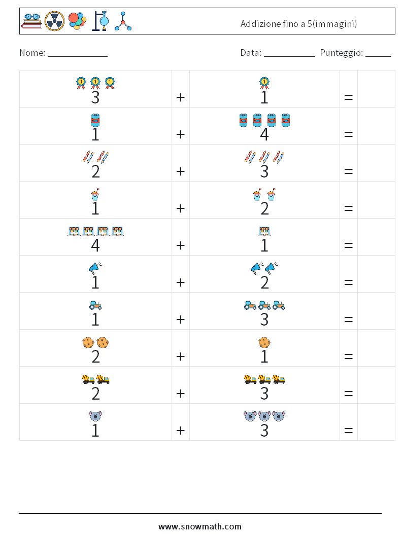 Addizione fino a 5(immagini) Fogli di lavoro di matematica 7