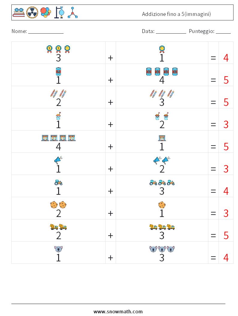 Addizione fino a 5(immagini) Fogli di lavoro di matematica 7 Domanda, Risposta