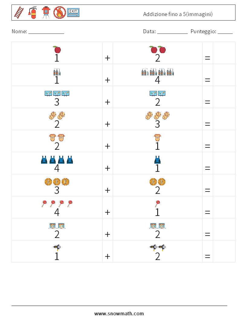 Addizione fino a 5(immagini) Fogli di lavoro di matematica 8