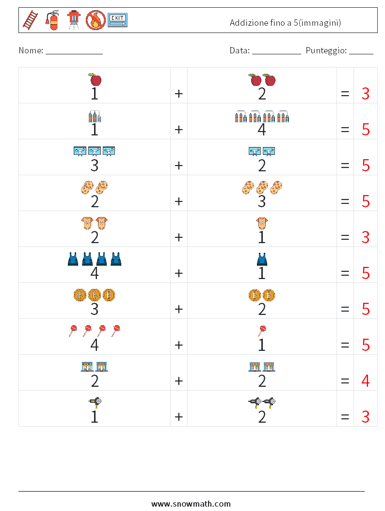 Addizione fino a 5(immagini) Fogli di lavoro di matematica 8 Domanda, Risposta
