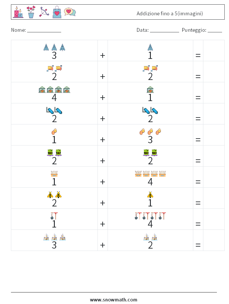 Addizione fino a 5(immagini) Fogli di lavoro di matematica 9