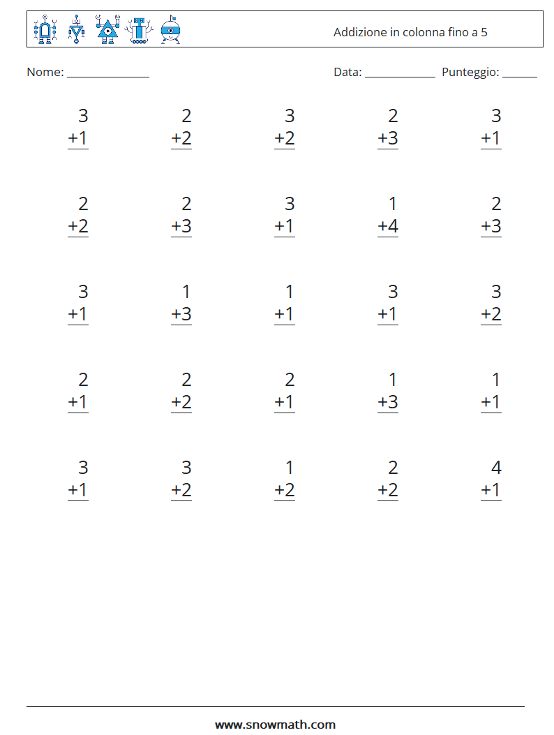 (25) Addizione in colonna fino a 5 Fogli di lavoro di matematica 1