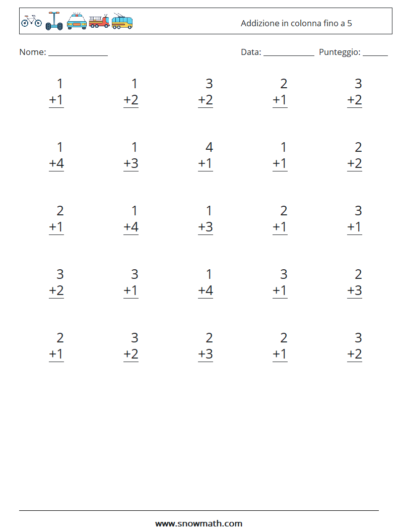 (25) Addizione in colonna fino a 5 Fogli di lavoro di matematica 8