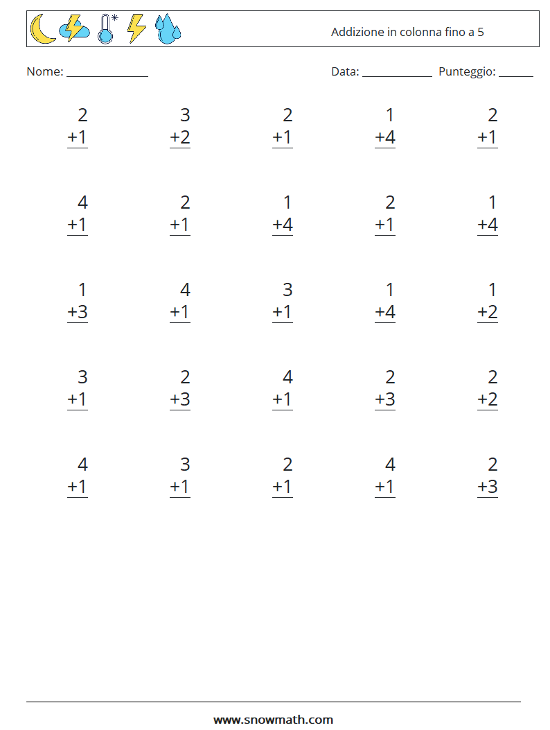 (25) Addizione in colonna fino a 5 Fogli di lavoro di matematica 9