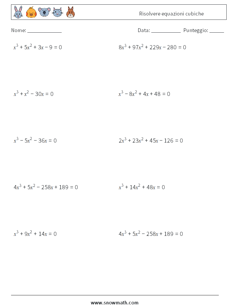 Risolvere equazioni cubiche Fogli di lavoro di matematica 1