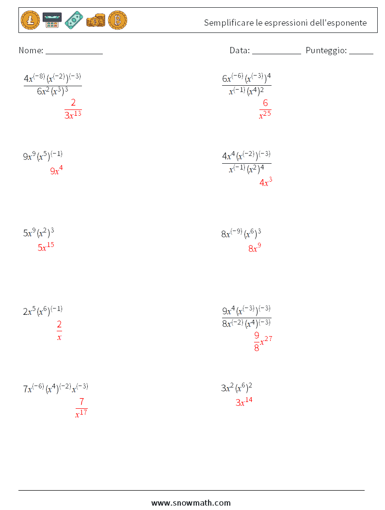  Semplificare le espressioni dell'esponente Fogli di lavoro di matematica 1 Domanda, Risposta