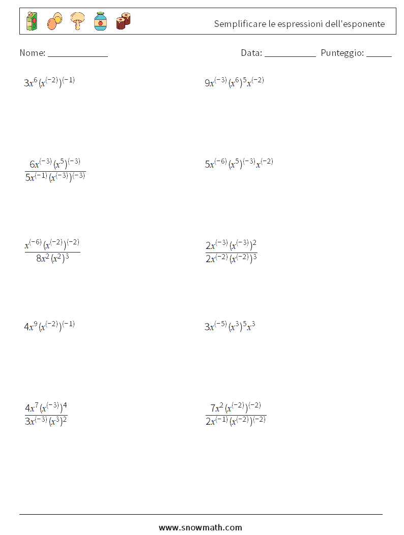  Semplificare le espressioni dell'esponente Fogli di lavoro di matematica 2
