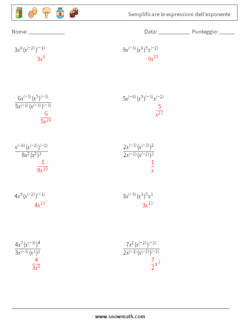  Semplificare le espressioni dell'esponente Fogli di lavoro di matematica 2 Domanda, Risposta