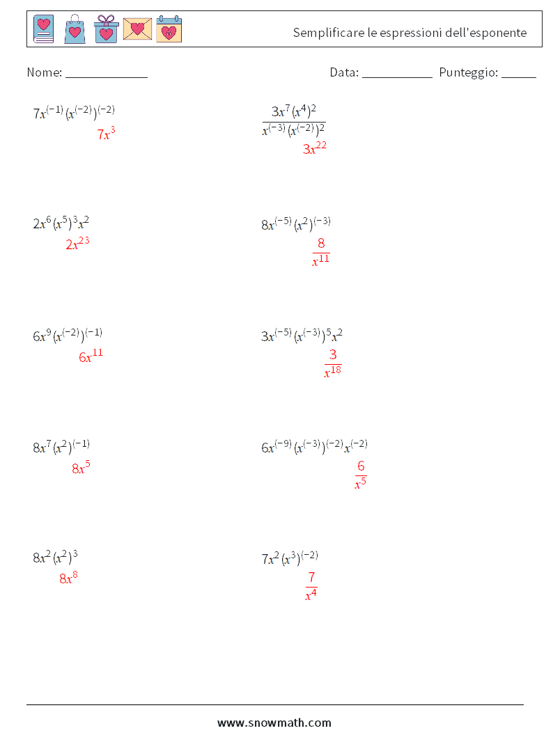  Semplificare le espressioni dell'esponente Fogli di lavoro di matematica 3 Domanda, Risposta