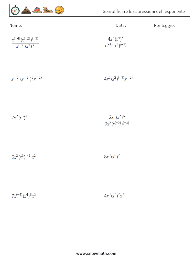  Semplificare le espressioni dell'esponente Fogli di lavoro di matematica 4