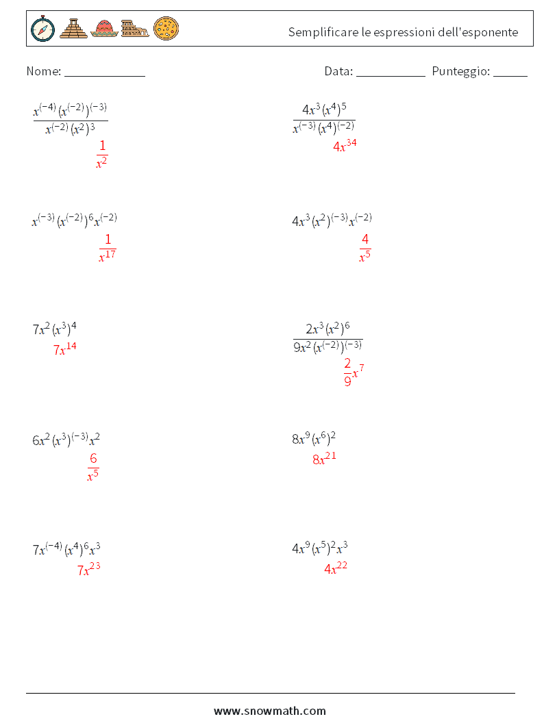  Semplificare le espressioni dell'esponente Fogli di lavoro di matematica 4 Domanda, Risposta