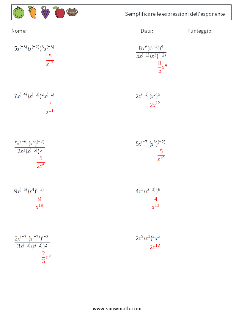  Semplificare le espressioni dell'esponente Fogli di lavoro di matematica 5 Domanda, Risposta