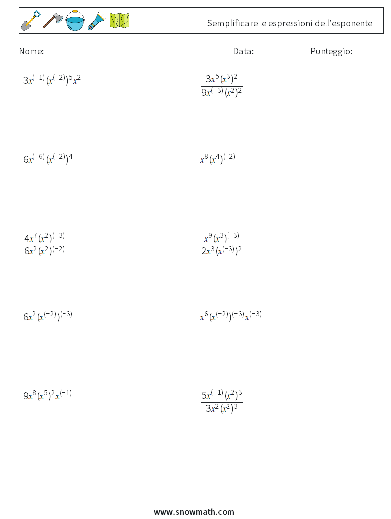  Semplificare le espressioni dell'esponente Fogli di lavoro di matematica 6