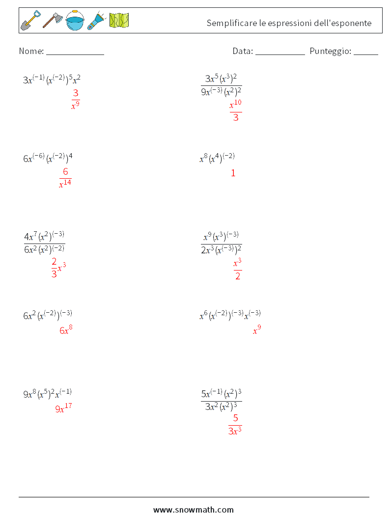  Semplificare le espressioni dell'esponente Fogli di lavoro di matematica 6 Domanda, Risposta