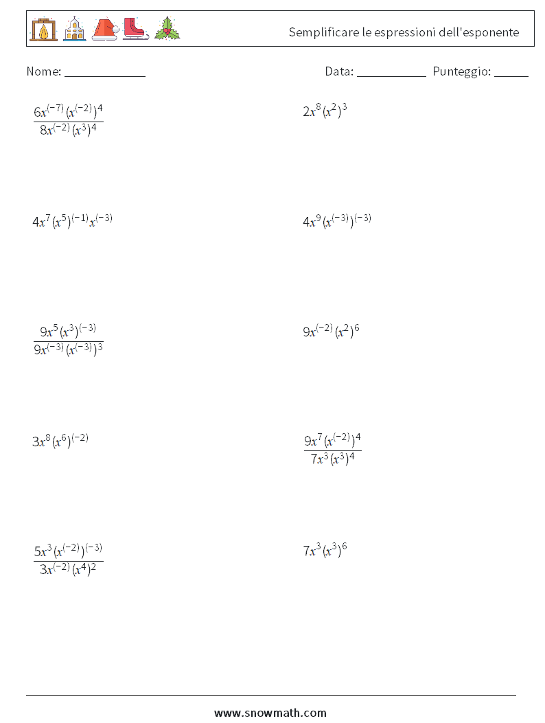  Semplificare le espressioni dell'esponente Fogli di lavoro di matematica 7