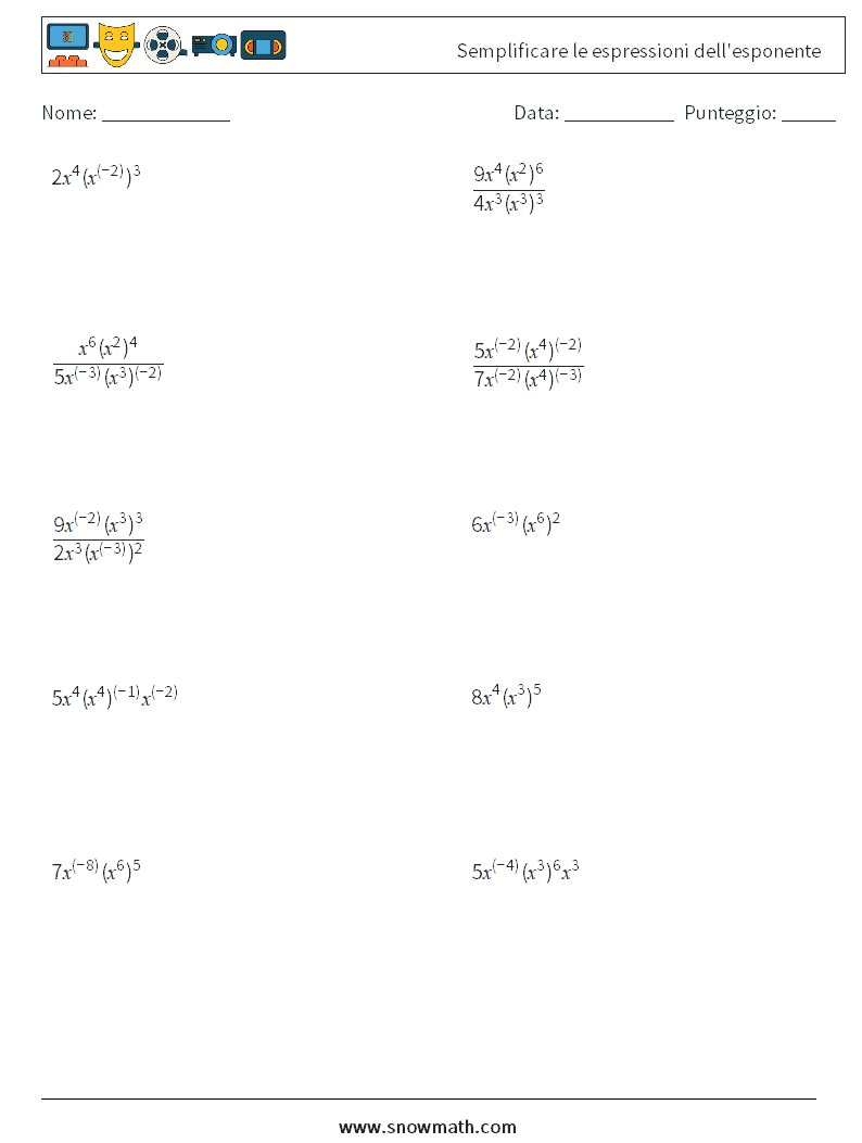  Semplificare le espressioni dell'esponente Fogli di lavoro di matematica 8