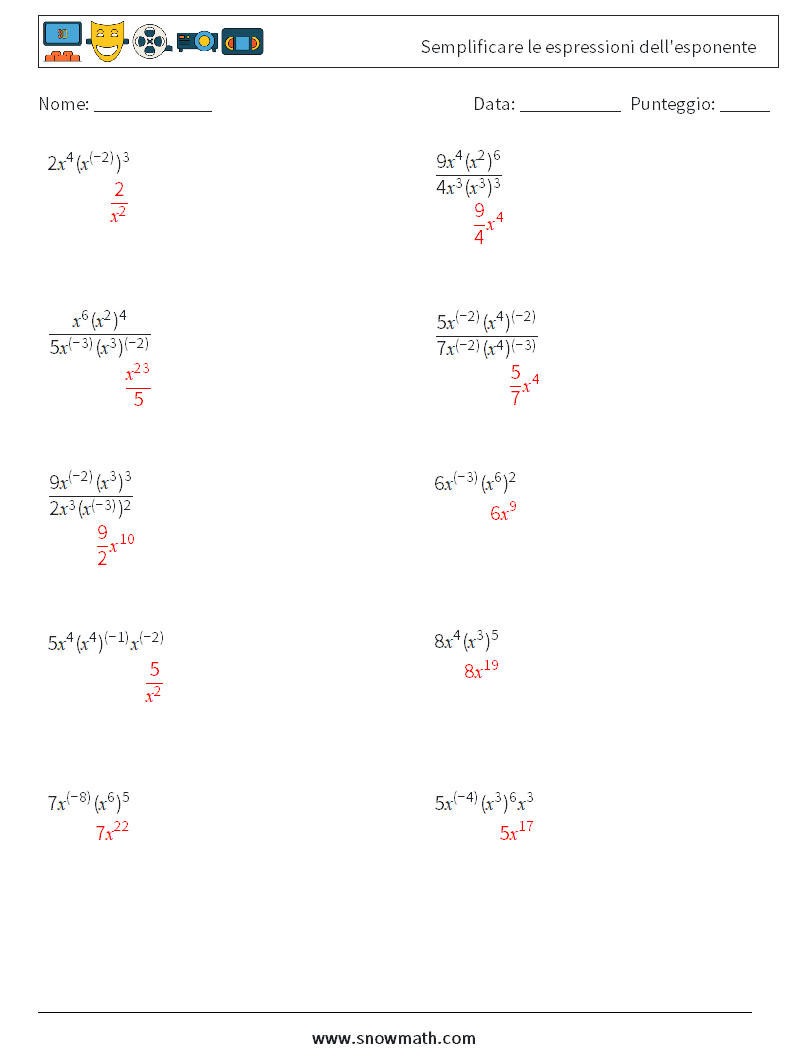  Semplificare le espressioni dell'esponente Fogli di lavoro di matematica 8 Domanda, Risposta