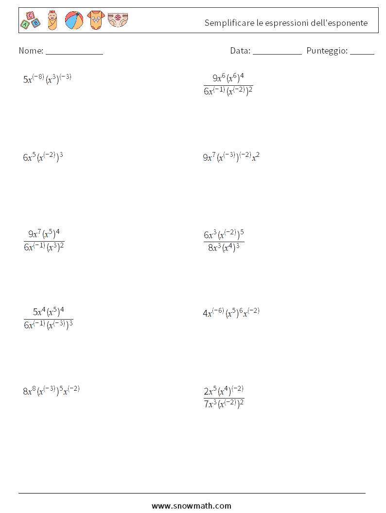  Semplificare le espressioni dell'esponente Fogli di lavoro di matematica 9