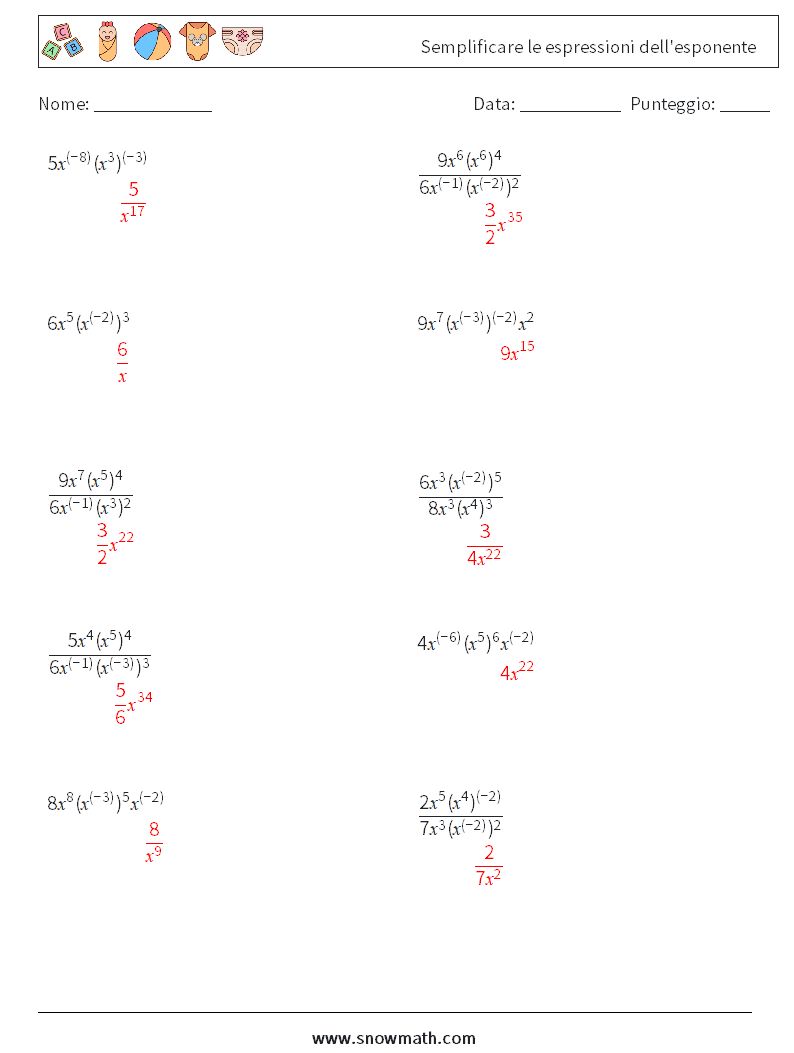  Semplificare le espressioni dell'esponente Fogli di lavoro di matematica 9 Domanda, Risposta