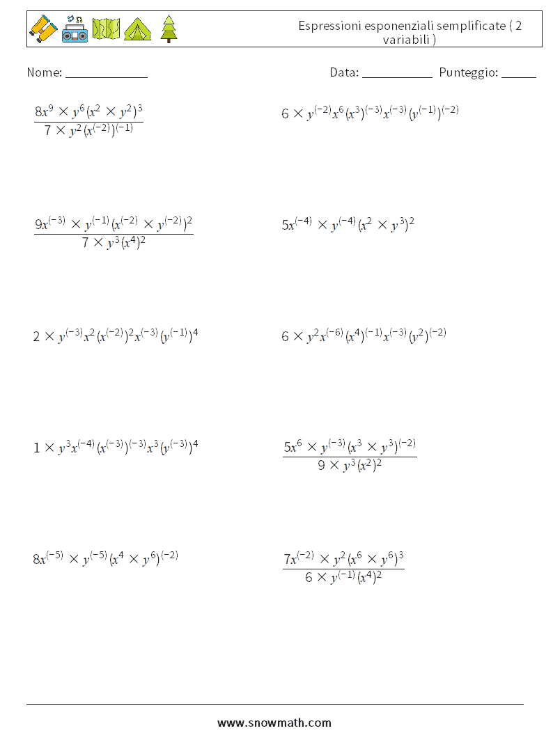  Espressioni esponenziali semplificate ( 2 variabili ) Fogli di lavoro di matematica 1