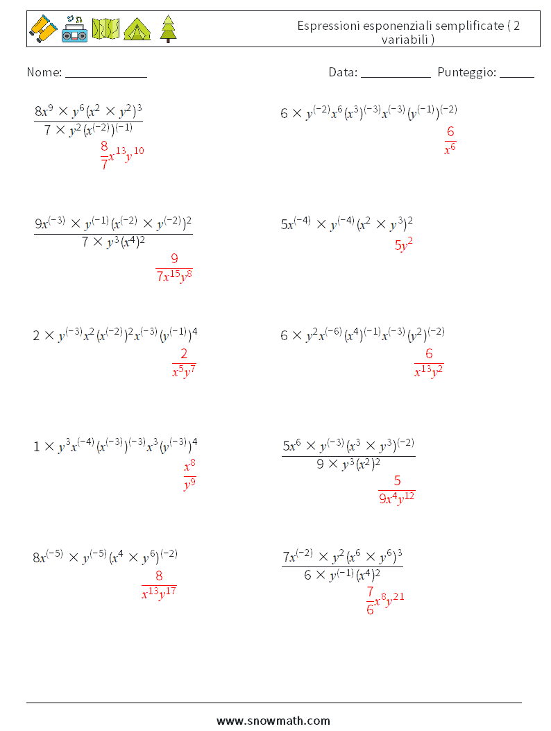  Espressioni esponenziali semplificate ( 2 variabili ) Fogli di lavoro di matematica 1 Domanda, Risposta