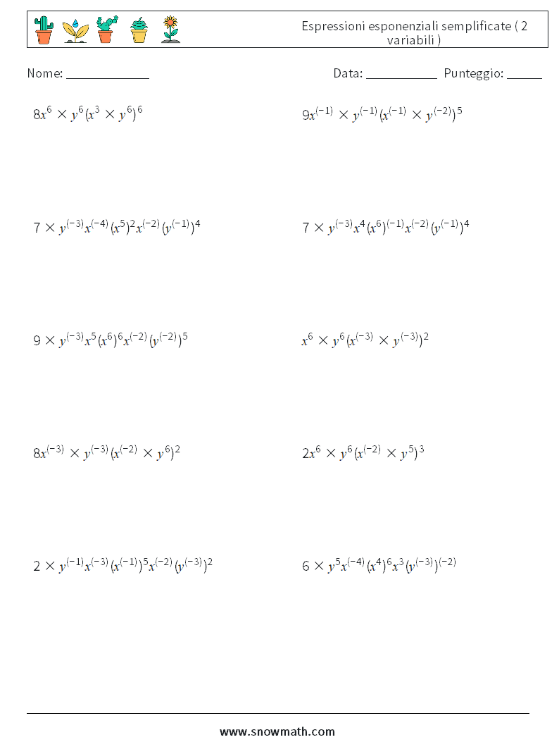  Espressioni esponenziali semplificate ( 2 variabili ) Fogli di lavoro di matematica 2