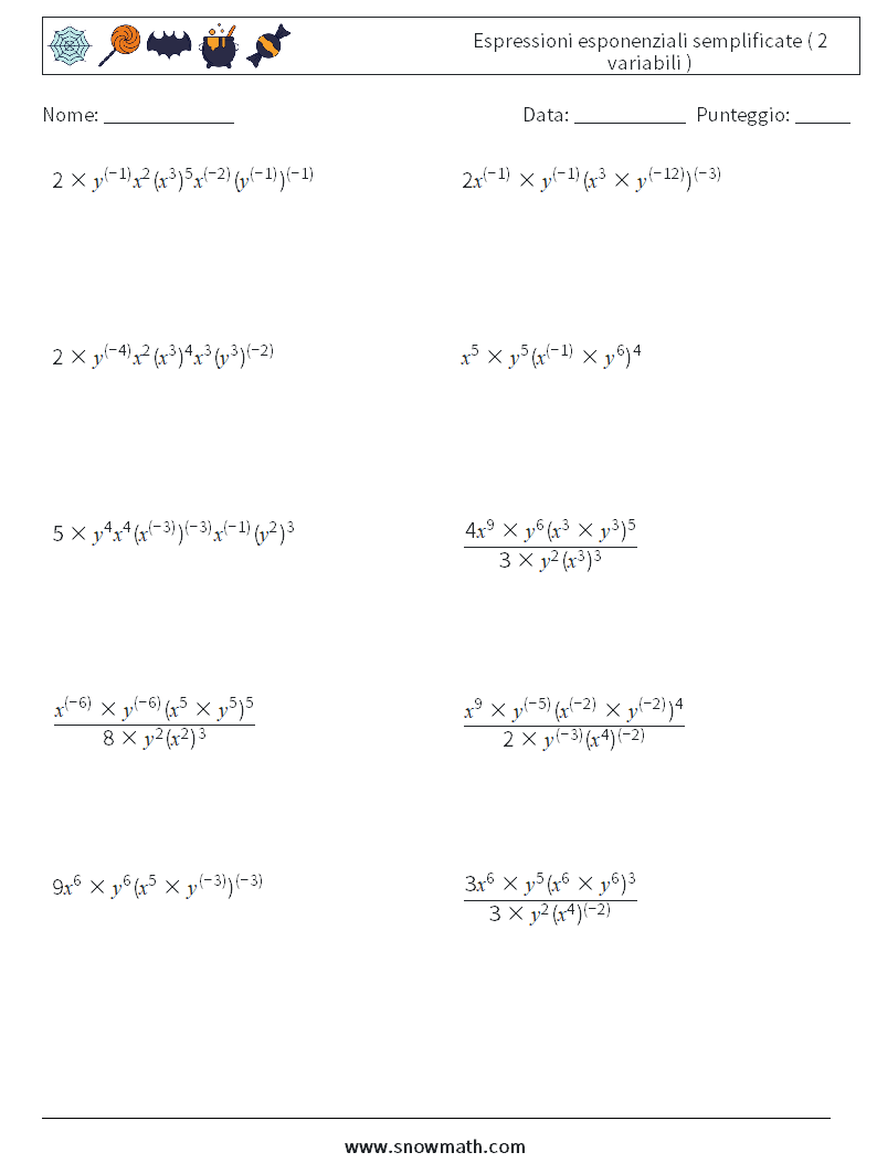  Espressioni esponenziali semplificate ( 2 variabili ) Fogli di lavoro di matematica 3