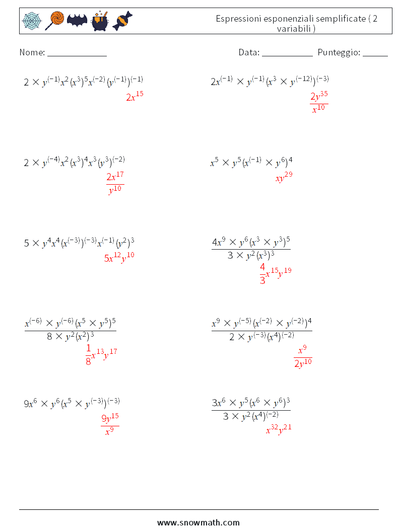  Espressioni esponenziali semplificate ( 2 variabili ) Fogli di lavoro di matematica 3 Domanda, Risposta