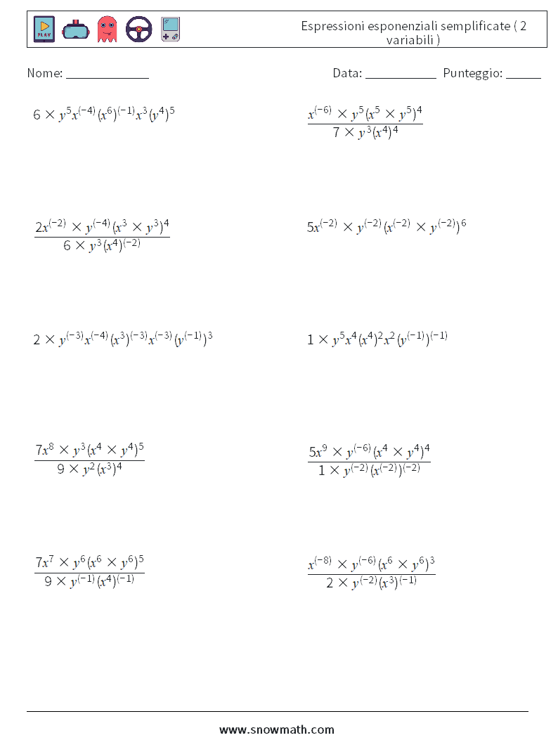  Espressioni esponenziali semplificate ( 2 variabili ) Fogli di lavoro di matematica 4