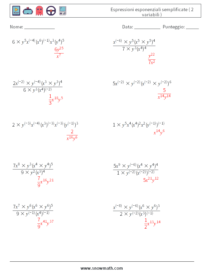  Espressioni esponenziali semplificate ( 2 variabili ) Fogli di lavoro di matematica 4 Domanda, Risposta