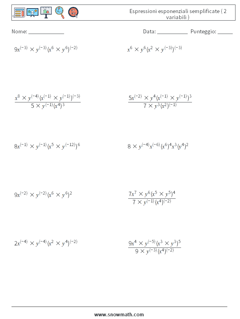  Espressioni esponenziali semplificate ( 2 variabili ) Fogli di lavoro di matematica 5