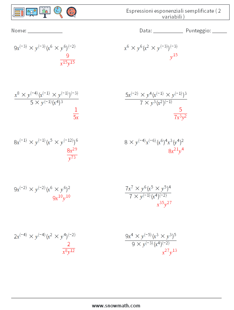  Espressioni esponenziali semplificate ( 2 variabili ) Fogli di lavoro di matematica 5 Domanda, Risposta
