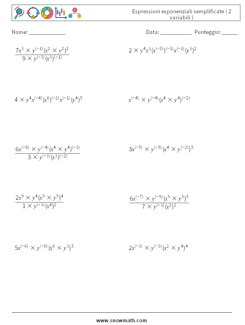  Espressioni esponenziali semplificate ( 2 variabili ) Fogli di lavoro di matematica 6