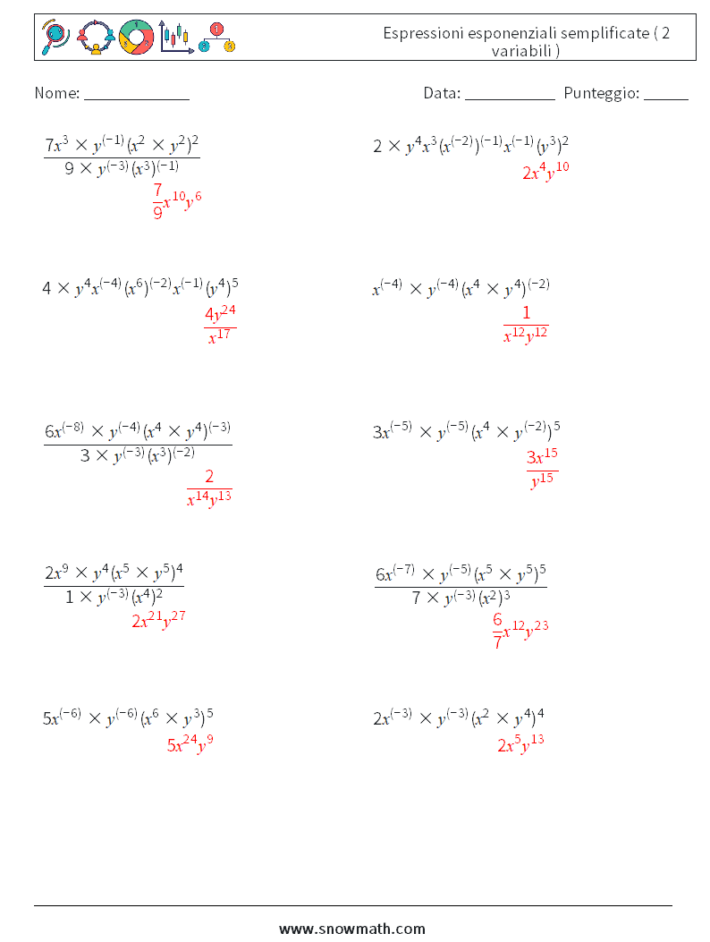  Espressioni esponenziali semplificate ( 2 variabili ) Fogli di lavoro di matematica 6 Domanda, Risposta