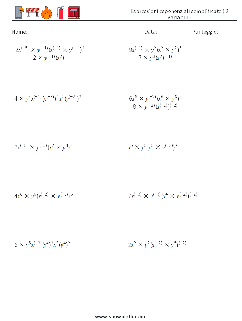  Espressioni esponenziali semplificate ( 2 variabili ) Fogli di lavoro di matematica 7