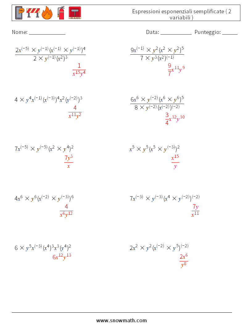  Espressioni esponenziali semplificate ( 2 variabili ) Fogli di lavoro di matematica 7 Domanda, Risposta