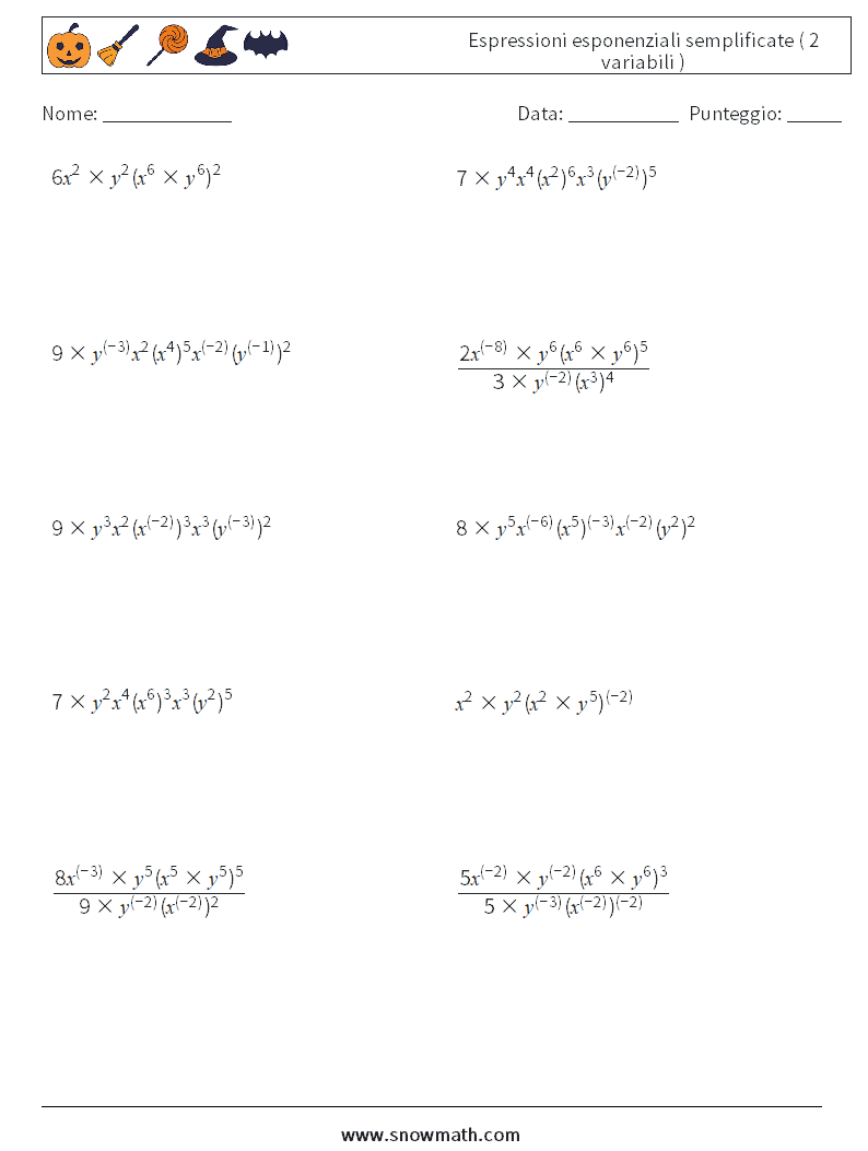  Espressioni esponenziali semplificate ( 2 variabili ) Fogli di lavoro di matematica 8