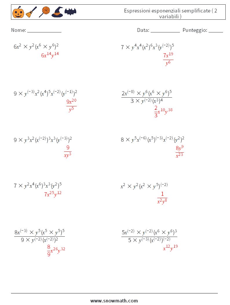  Espressioni esponenziali semplificate ( 2 variabili ) Fogli di lavoro di matematica 8 Domanda, Risposta