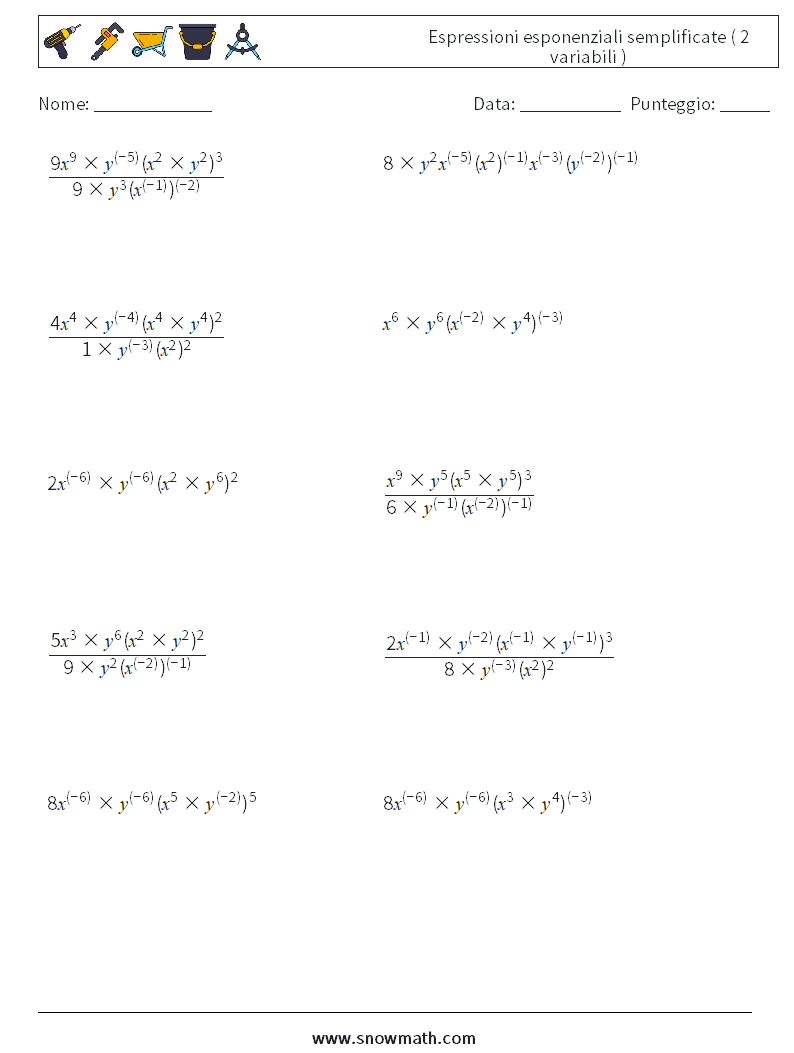  Espressioni esponenziali semplificate ( 2 variabili ) Fogli di lavoro di matematica 9