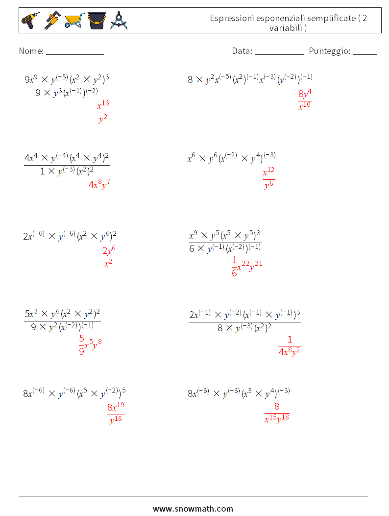  Espressioni esponenziali semplificate ( 2 variabili ) Fogli di lavoro di matematica 9 Domanda, Risposta