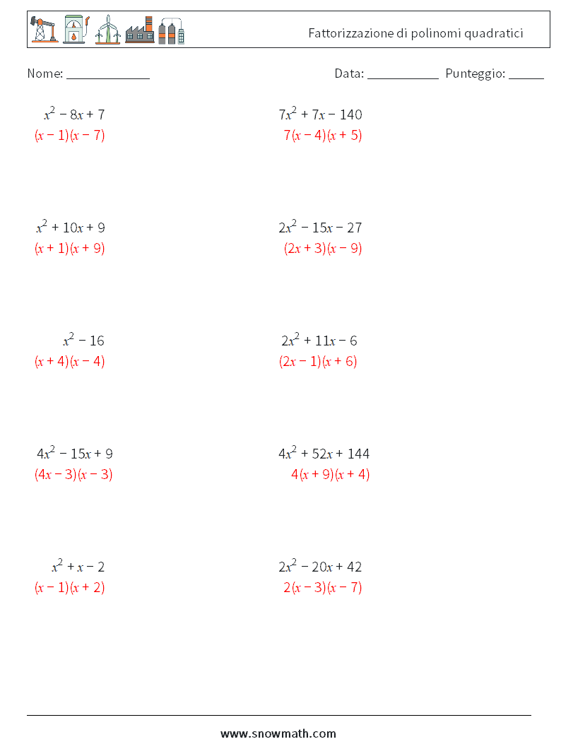 Fattorizzazione di polinomi quadratici Fogli di lavoro di matematica 1 Domanda, Risposta