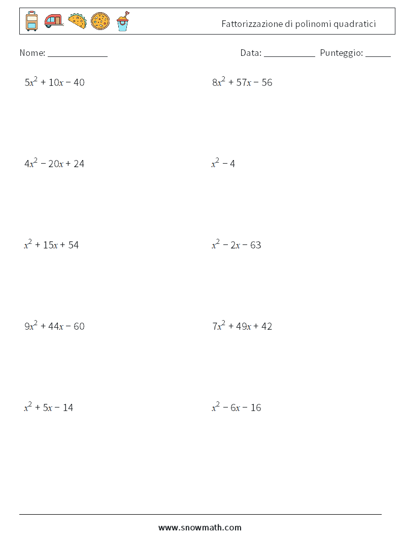 Fattorizzazione di polinomi quadratici Fogli di lavoro di matematica 2