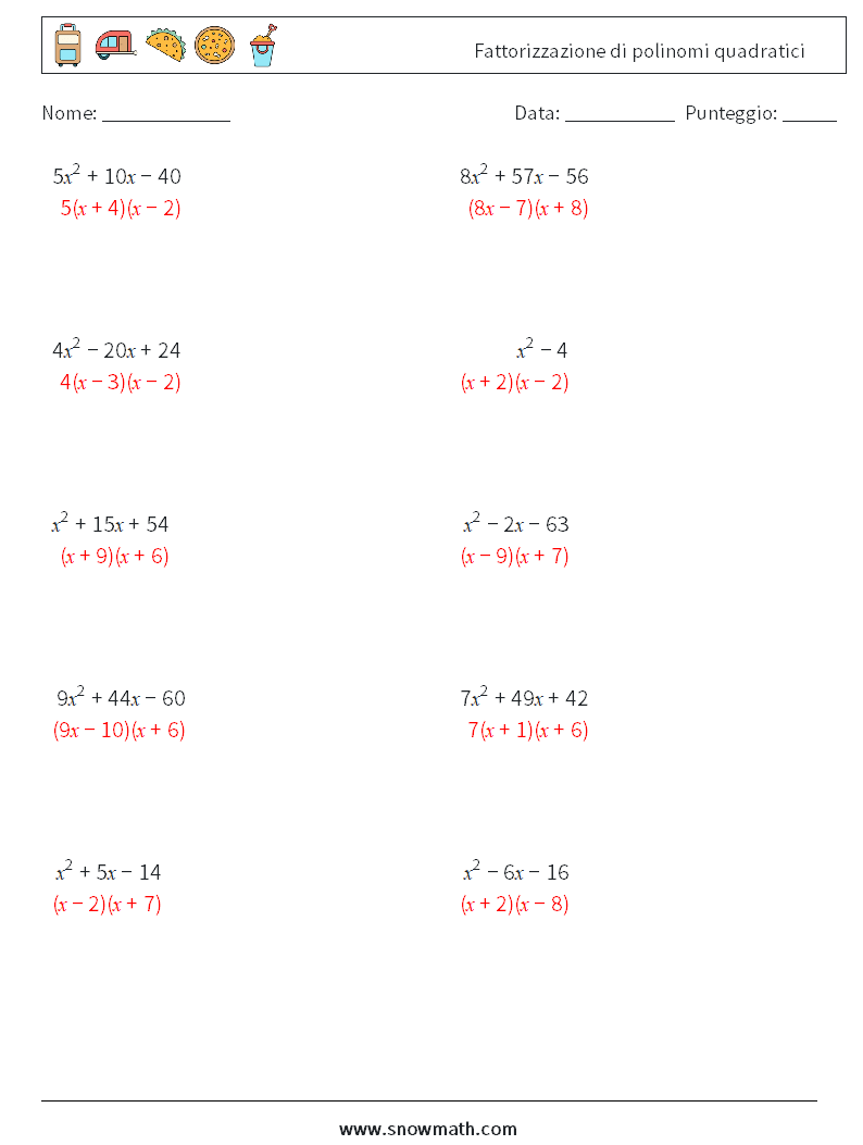 Fattorizzazione di polinomi quadratici Fogli di lavoro di matematica 2 Domanda, Risposta