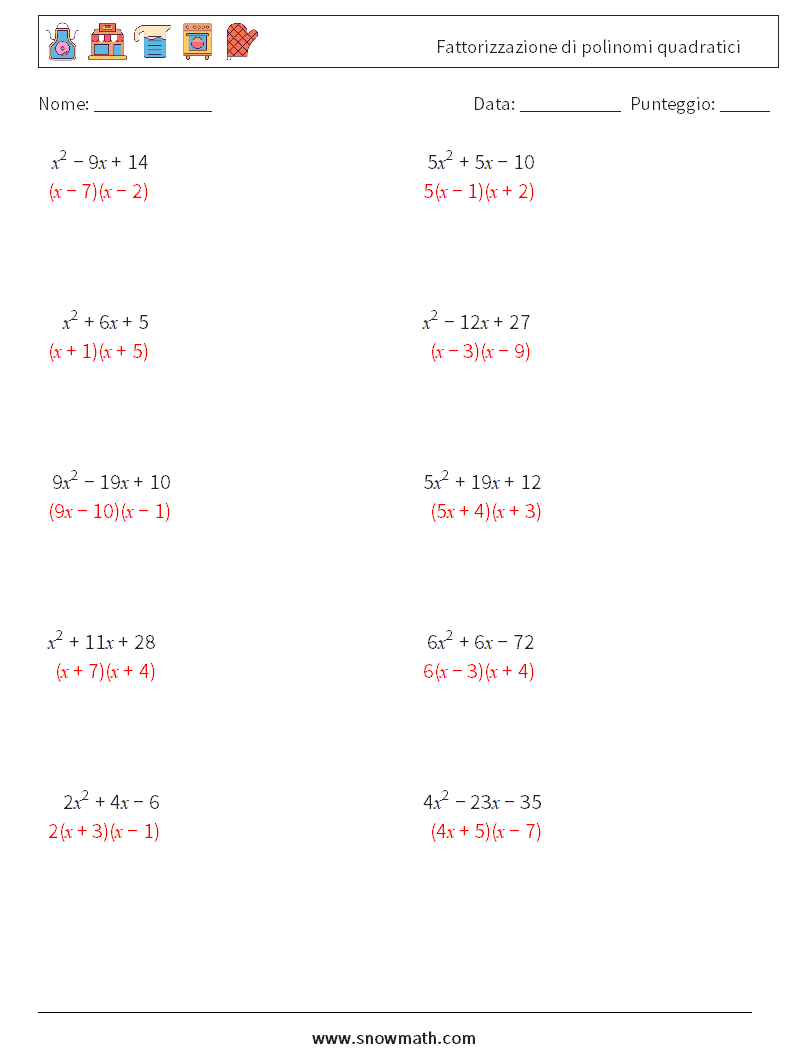 Fattorizzazione di polinomi quadratici Fogli di lavoro di matematica 3 Domanda, Risposta