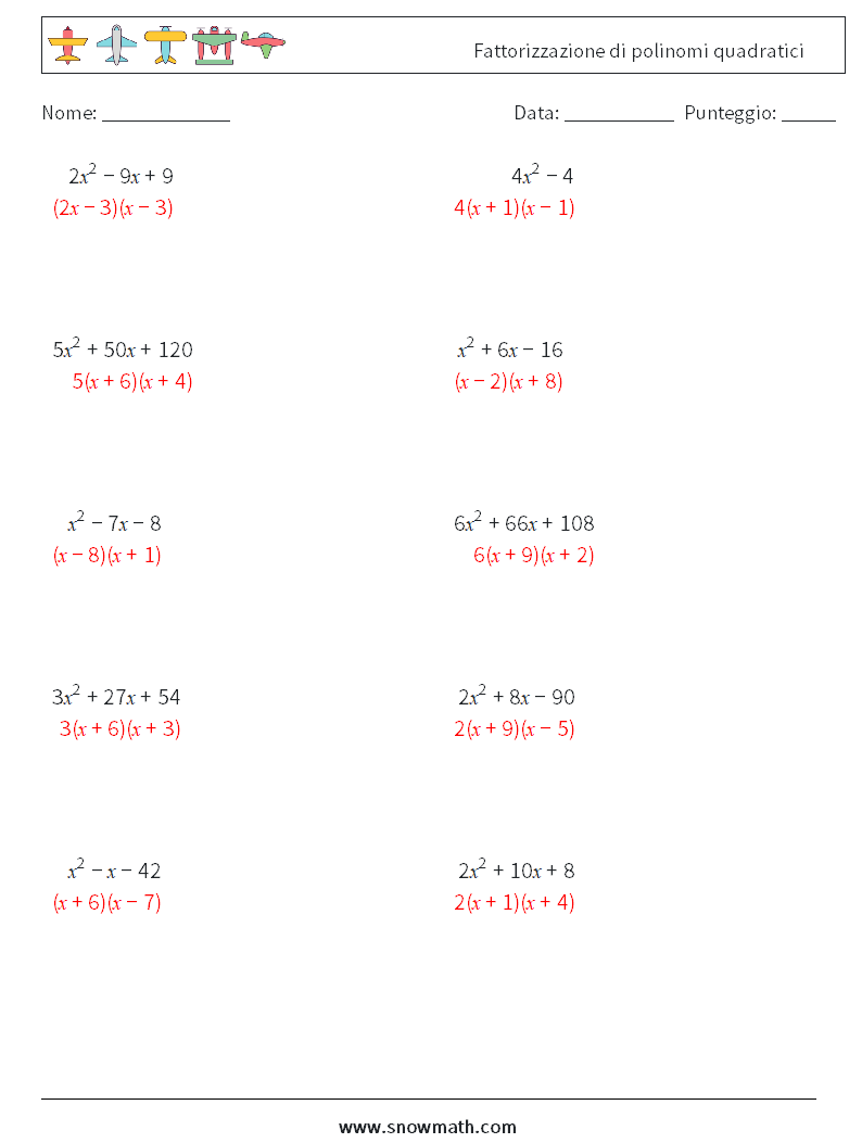 Fattorizzazione di polinomi quadratici Fogli di lavoro di matematica 4 Domanda, Risposta