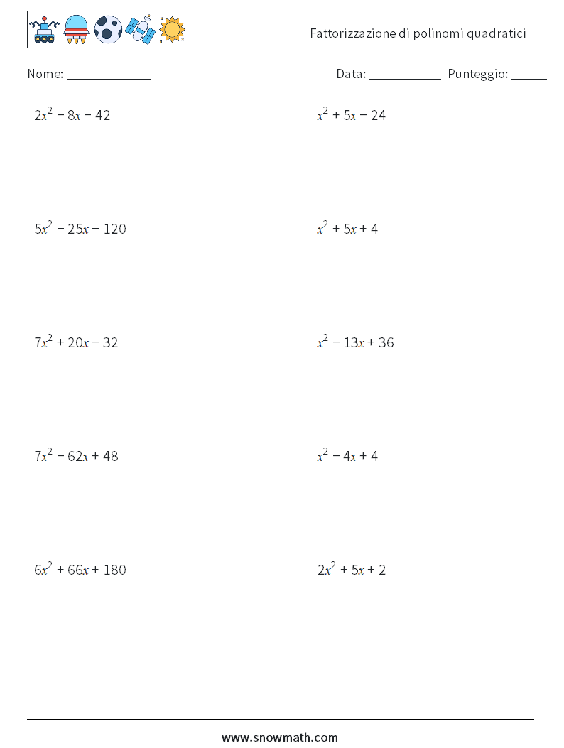 Fattorizzazione di polinomi quadratici Fogli di lavoro di matematica 5