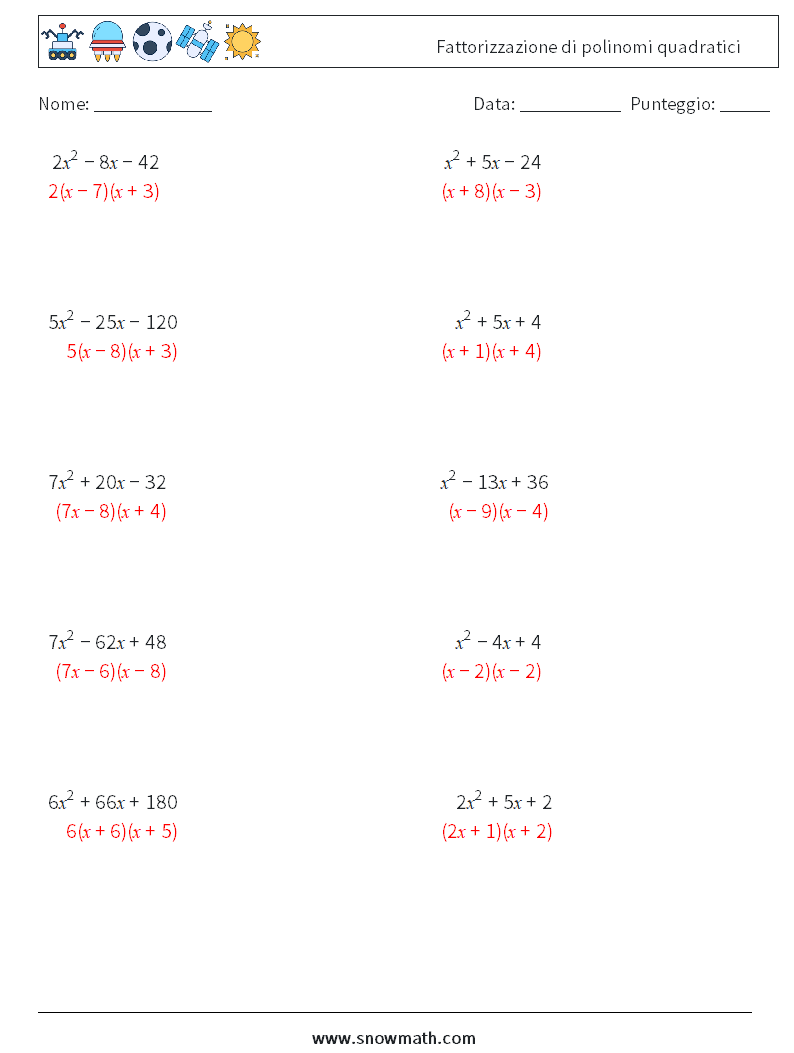 Fattorizzazione di polinomi quadratici Fogli di lavoro di matematica 5 Domanda, Risposta