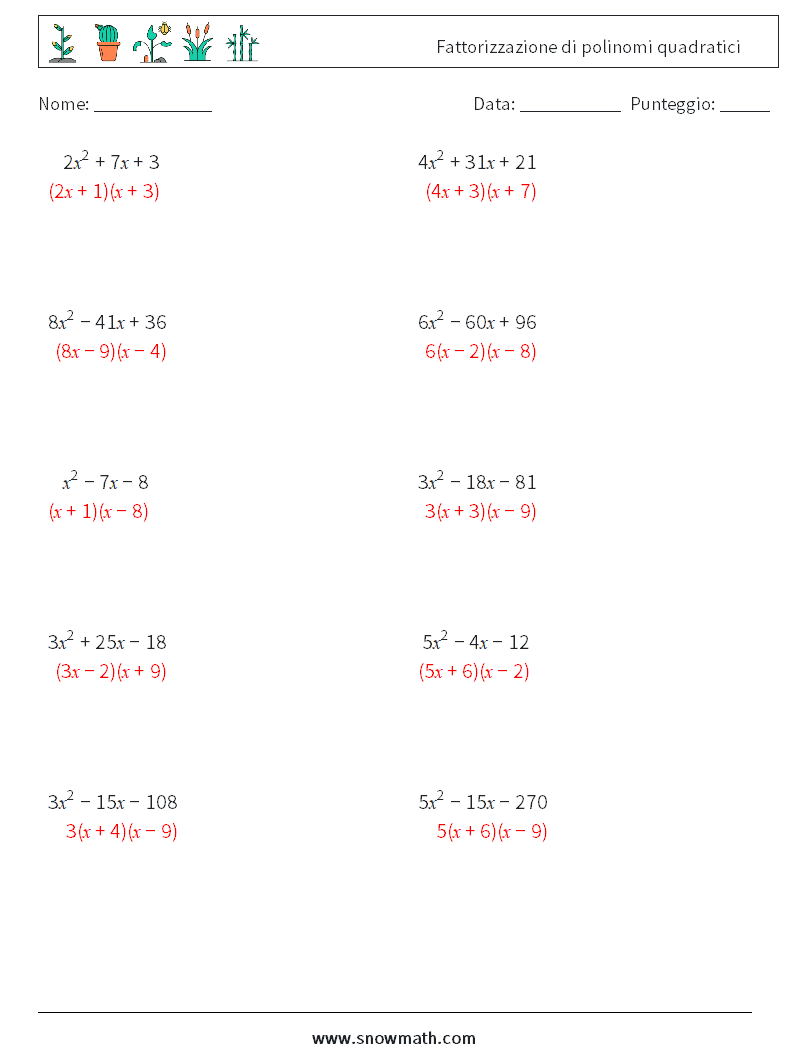 Fattorizzazione di polinomi quadratici Fogli di lavoro di matematica 6 Domanda, Risposta